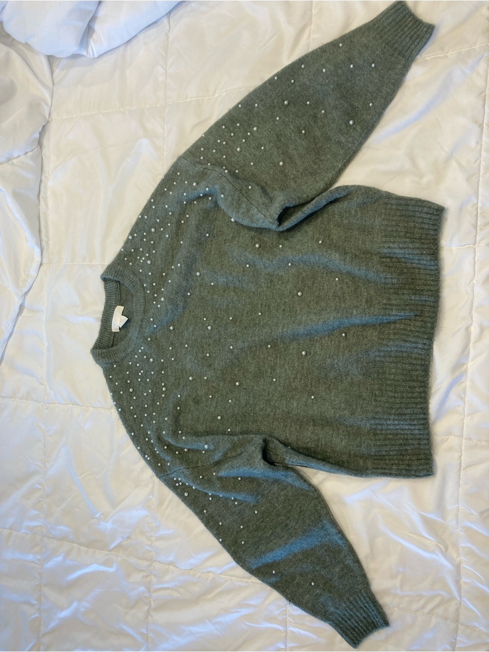 H&M Olive Green Crewneck Sweater with Pearl Accents